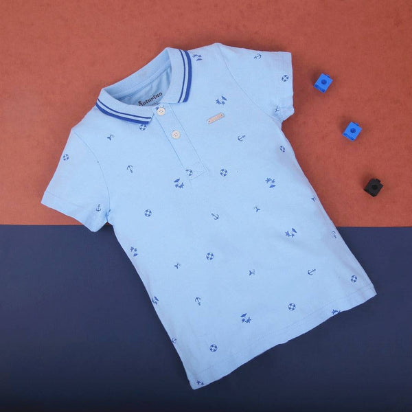 Boys Polo T-Shirt Sky Blue Anchor And Ball Print