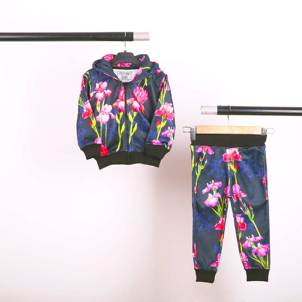 Girl Black Floral Digital Print Track Suit With Hoodie