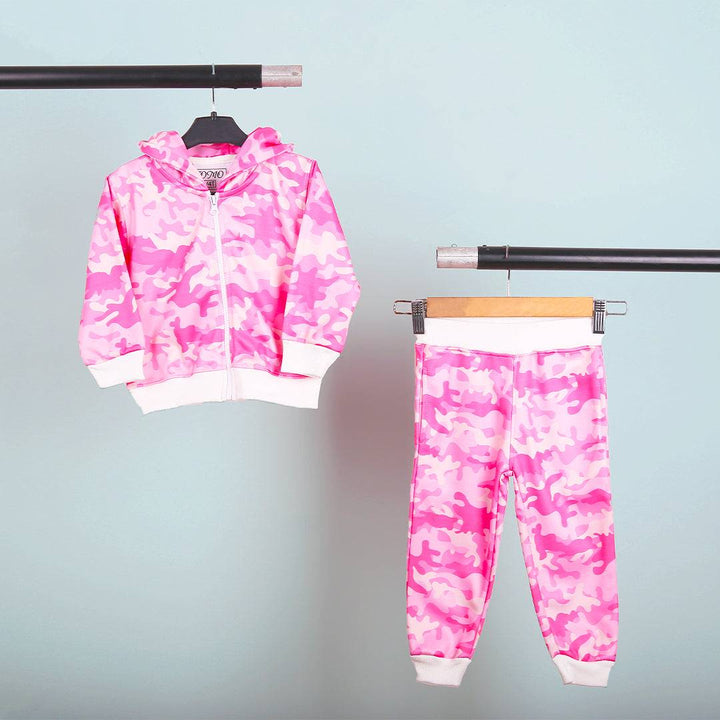 Girl Pink Camouflage Digital Print Track Suit With Hoodie