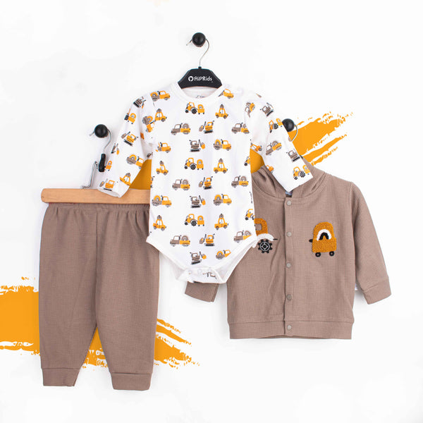Baby Boy 3 Piece Set Brown construction vehicles