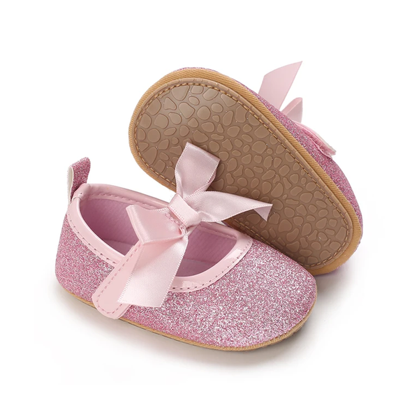 Baby Girl Pink Glitter Bow Pumps Walking-Sole