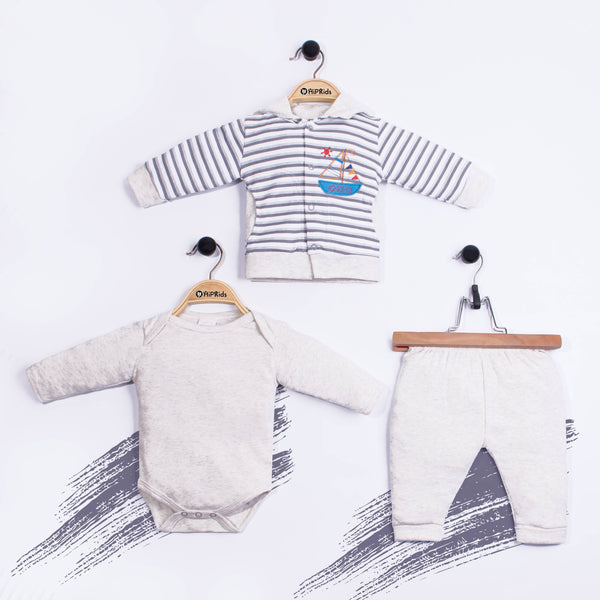 Baby Boy 3 Piece Set Grey Stripes Embroidered Boat