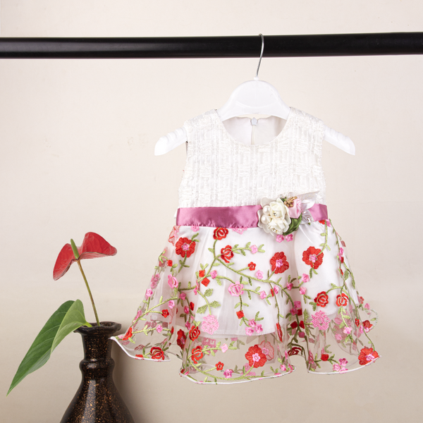 Baby Girl Pink Belt Flower Multi Embroidered Fancy Frock