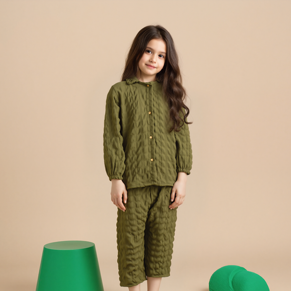 Girl 2 Piece Set Mehendi Green Crinkle Co-Ord Set