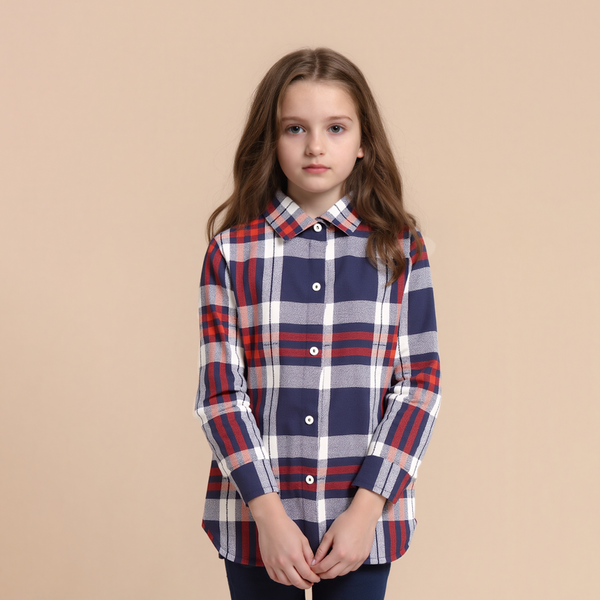Girl Navy Blue Red Checked Print Shirt