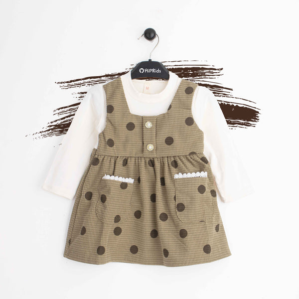 Baby Girl Double Pocket Dark Brown Polka Print Frock