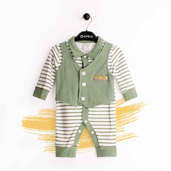 wonder-Child Baby Boy Romper Green Stripes Car