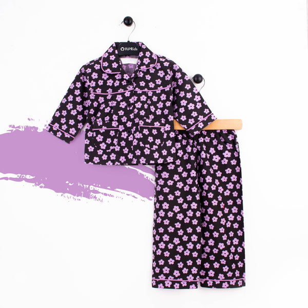 Baby Girl Black Purple Flowers Night Suit