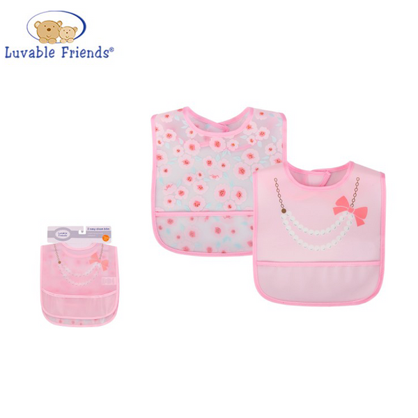 Luvable Friends 2 Pk PEVA Easy Clean Bibs With Crumb Catcher Pocket Necklace Pink Bow