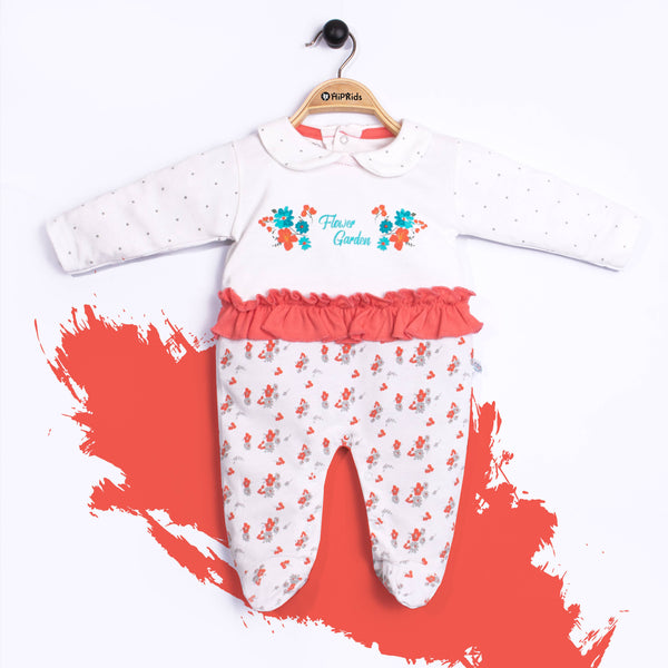 Baby Girl Fancy Full Romper Flower Orange Garden Print