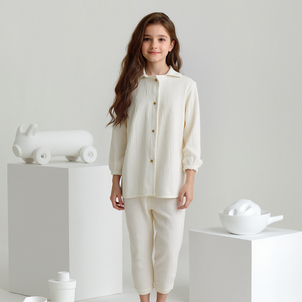 Girl 2 Piece Set Off White Crinkle Co-Ord Set