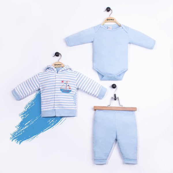 Baby Boy 3 Piece Set Blue Stripes Embroidered Boat