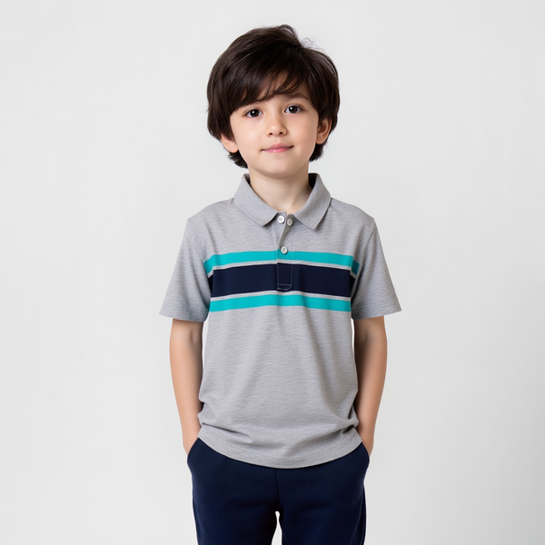 Geo-rge Boys Polo T-Shirt Grey Stripe Print