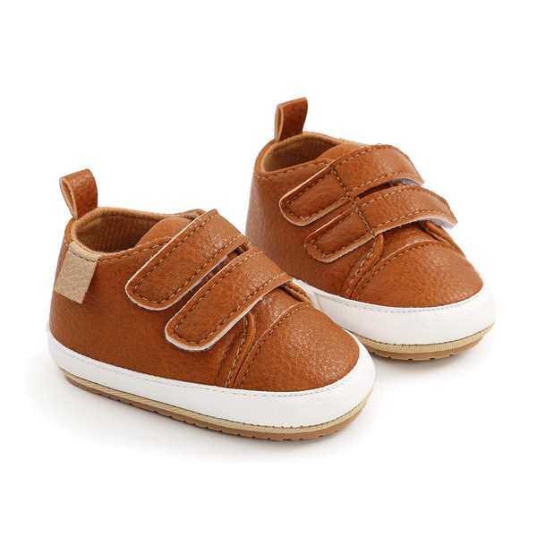 Baby Boy Brown Double Stick-On Shoes Walking-Sole