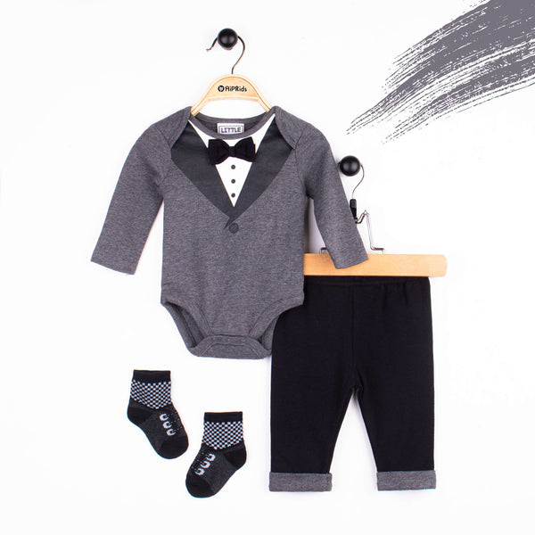 Baby Boy 3 Piece Black Bow Formal Print