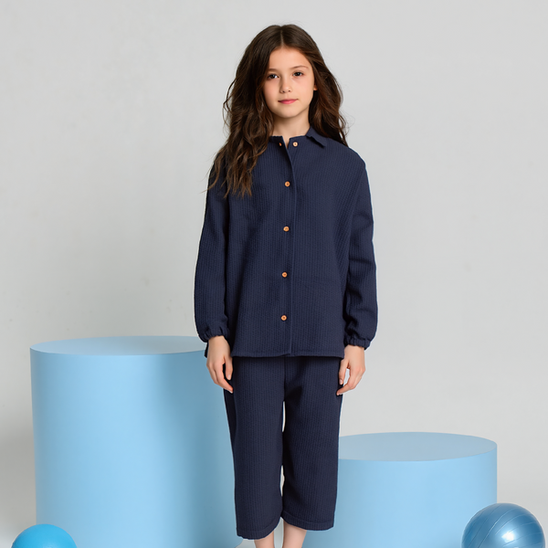 Girl 2 Piece Set Navy Blue Crinkle Co-Ord Set