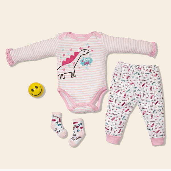 Baby Girl 3 Piece Set Pink Dino A-Roar able