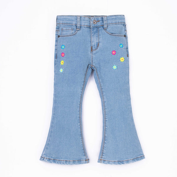 Girl Blue Multi Embroidered Flower Denim Bell Bottom