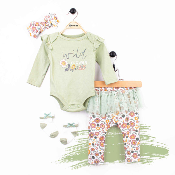 Baby girl 4 Piece Set Green Wild Flower