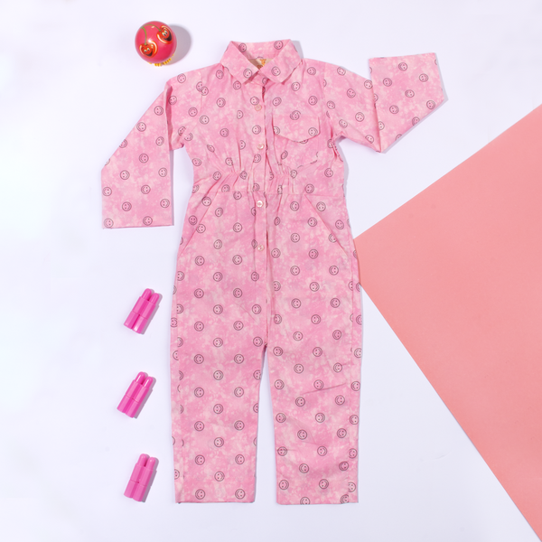 Baby Girl Pink Smiley Face Printed Full Jumpsuit