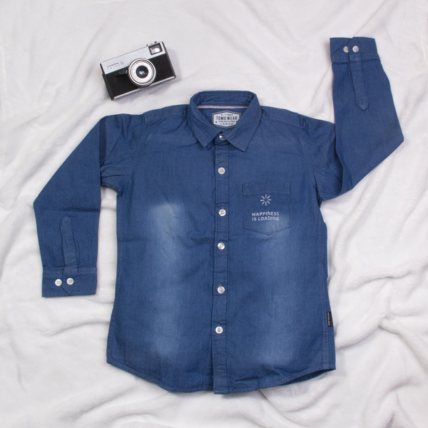 Baby Boy Blue Denim Shirt Happiness Is Loading Print