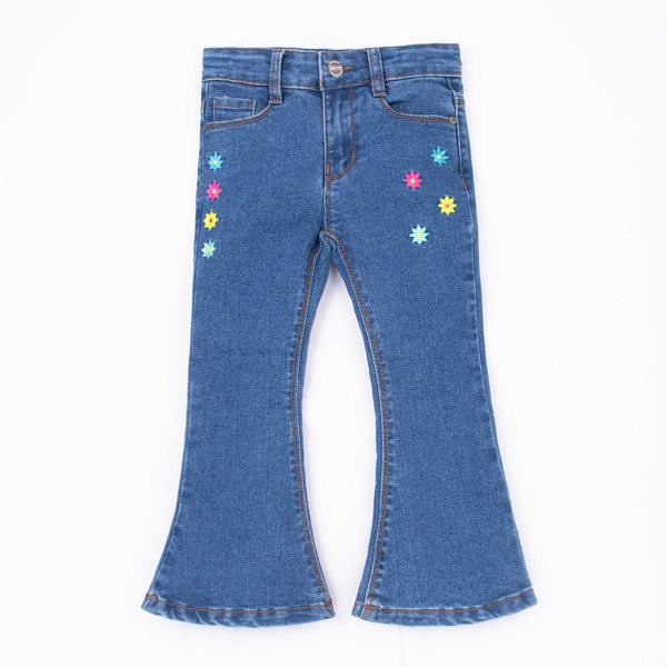 Girl Dark Blue Multi Embroidered Flower Denim Bell Bottom