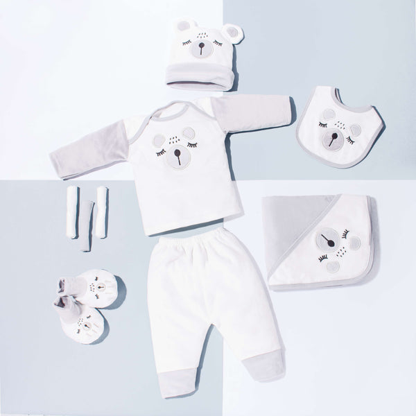 Baby Boy 9 Piece Starter Set Grey Bear face