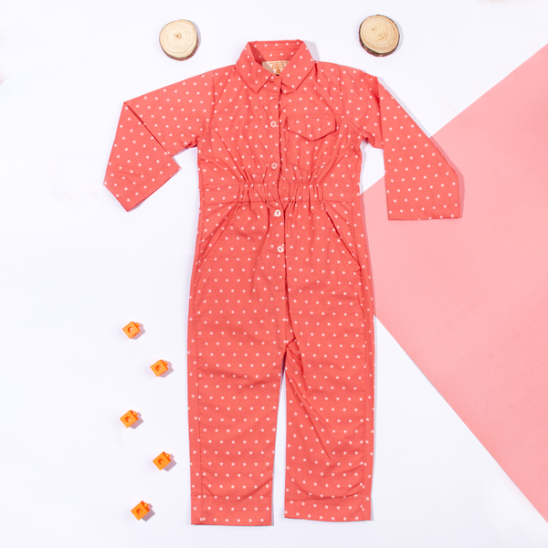 Baby Girl Peach Stars Printed Full Jumpsuit
