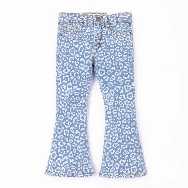 Girl Blue Leopard Print Denim Bell Bottom