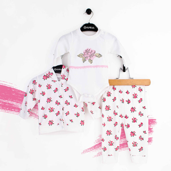 Baby Girl 3 Piece Set White / Pink Flower Print