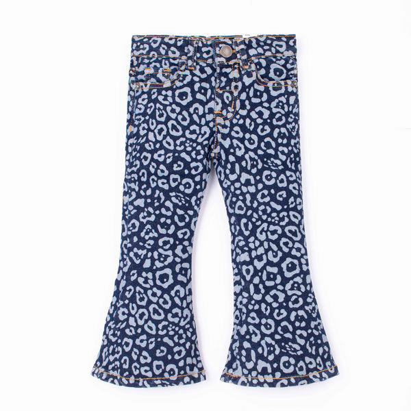 Girl Navy Blue Leopard Print Denim Bell Bottom