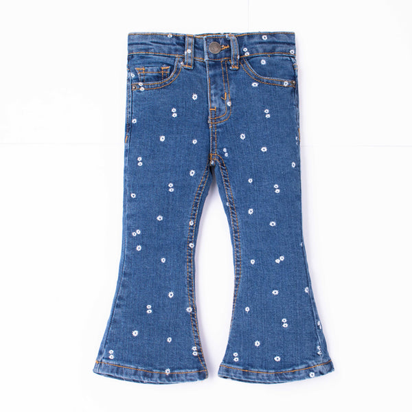 Girl Dark Blue Embroidery Flower Denim Bell Bottom