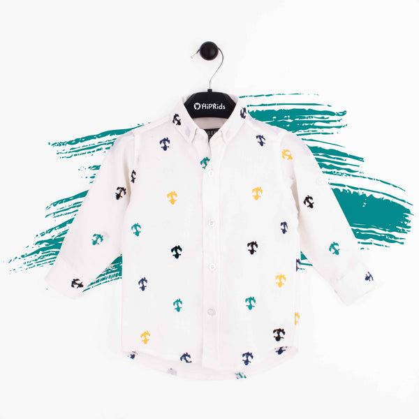 Baby Boy White Multi Embroidered Anchor Shirt