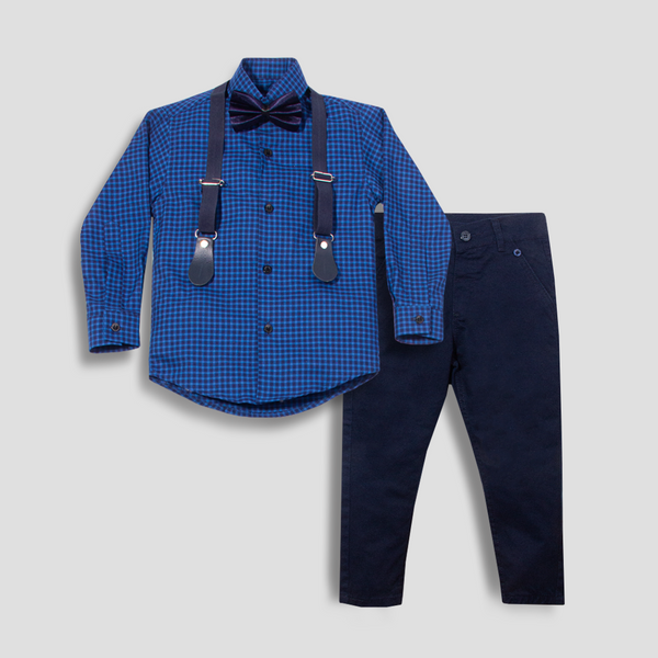 Baby Boy 4 Piece Blue Checked / Navy Blue Print  Formal Set