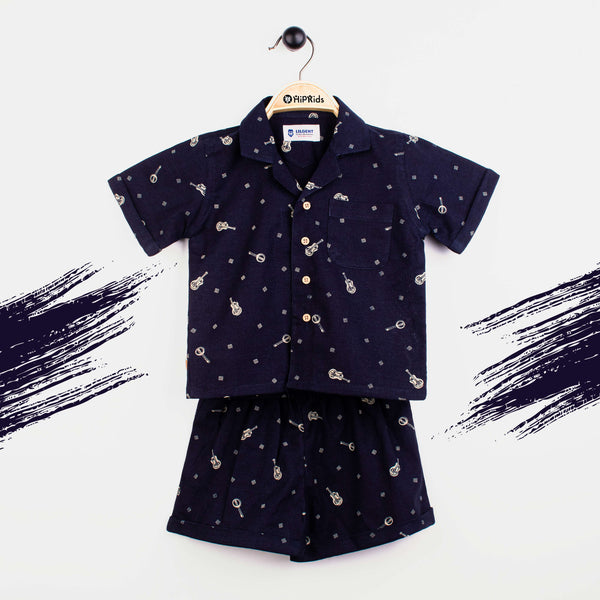 Baby Boy 2 Piece Safari Suit Navy Blue Guitar Print