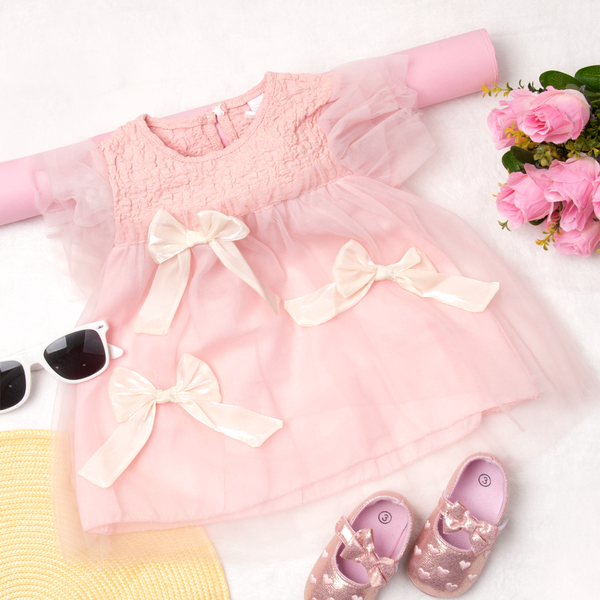 Baby Girl Pink Skin Bows Fancy Long Shirt