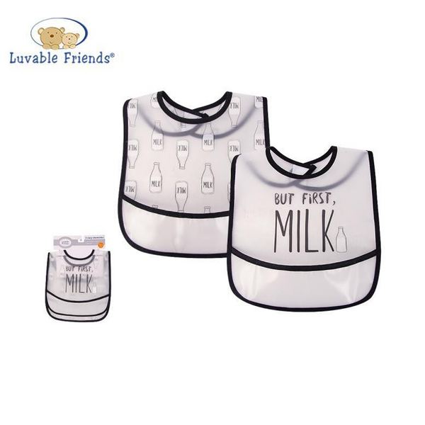 Luvable Friends 2 Pk PEVA Easy Clean Bibs With Crumb Catcher Pocket But First Milk