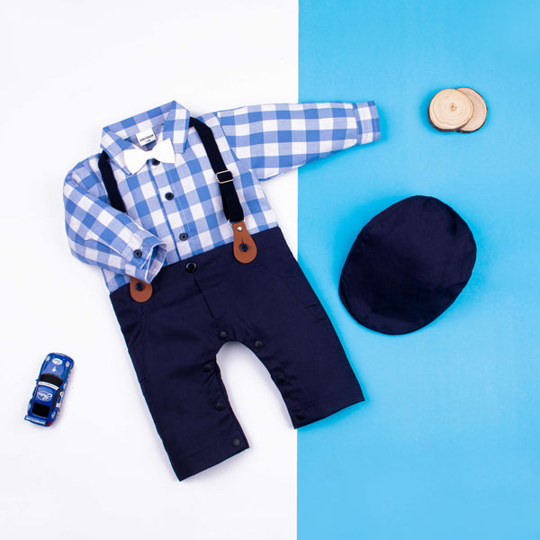 Baby Boy 3 Piece Light Blue Check Formal Romper