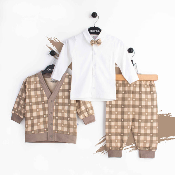 Baby Boy 3 Piece Set Brown Checked Stars Print