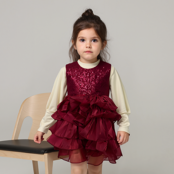 Girl Mahroon 2 Piece Fancy Sequence Frill Frock