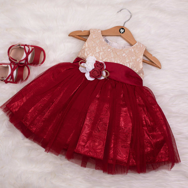 Baby Girl Red /Skin Embroidered Fancy Frock