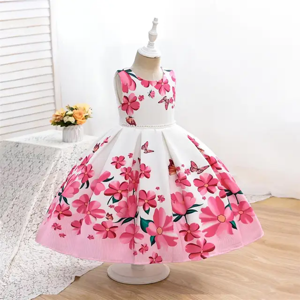 Girl Gown White Pink Flowers and Butterfly Print Fancy Frock