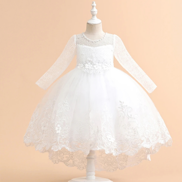 Girls White Long Sleeve Lace Princess Party Tail Dress Appliques Pearls