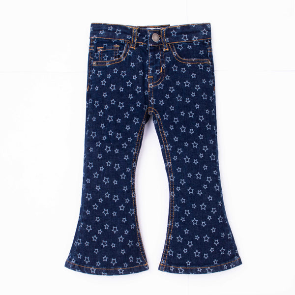 Girl Navy Blue Stars Print Denim Bell Bottom