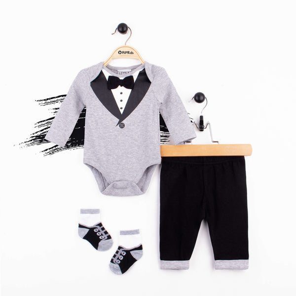 Baby Boy 3 Piece Grey Black Bow Formal Print