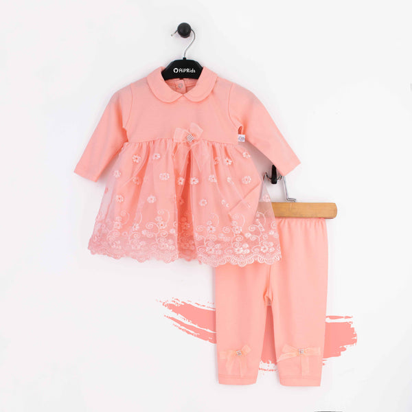 Baby Girl 2 Piece Set Fancy Peach Bow
