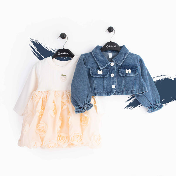 Baby Girl 3D Skin Flower Frock with denim Jacket