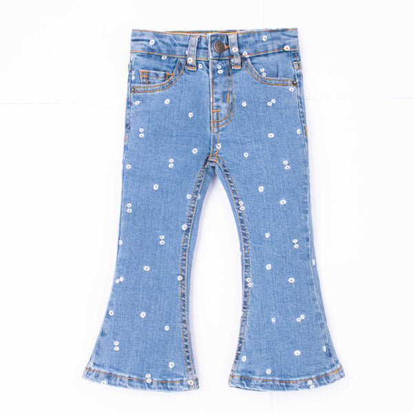 Girl Blue Embroidery Flower Denim Bell Bottom