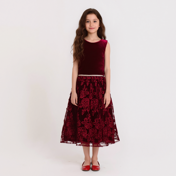 Girl Mehroon Velvet Body Fancy Frock