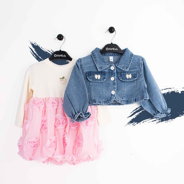 Baby Girl 3D Pink Flower Frock with denim Jacket